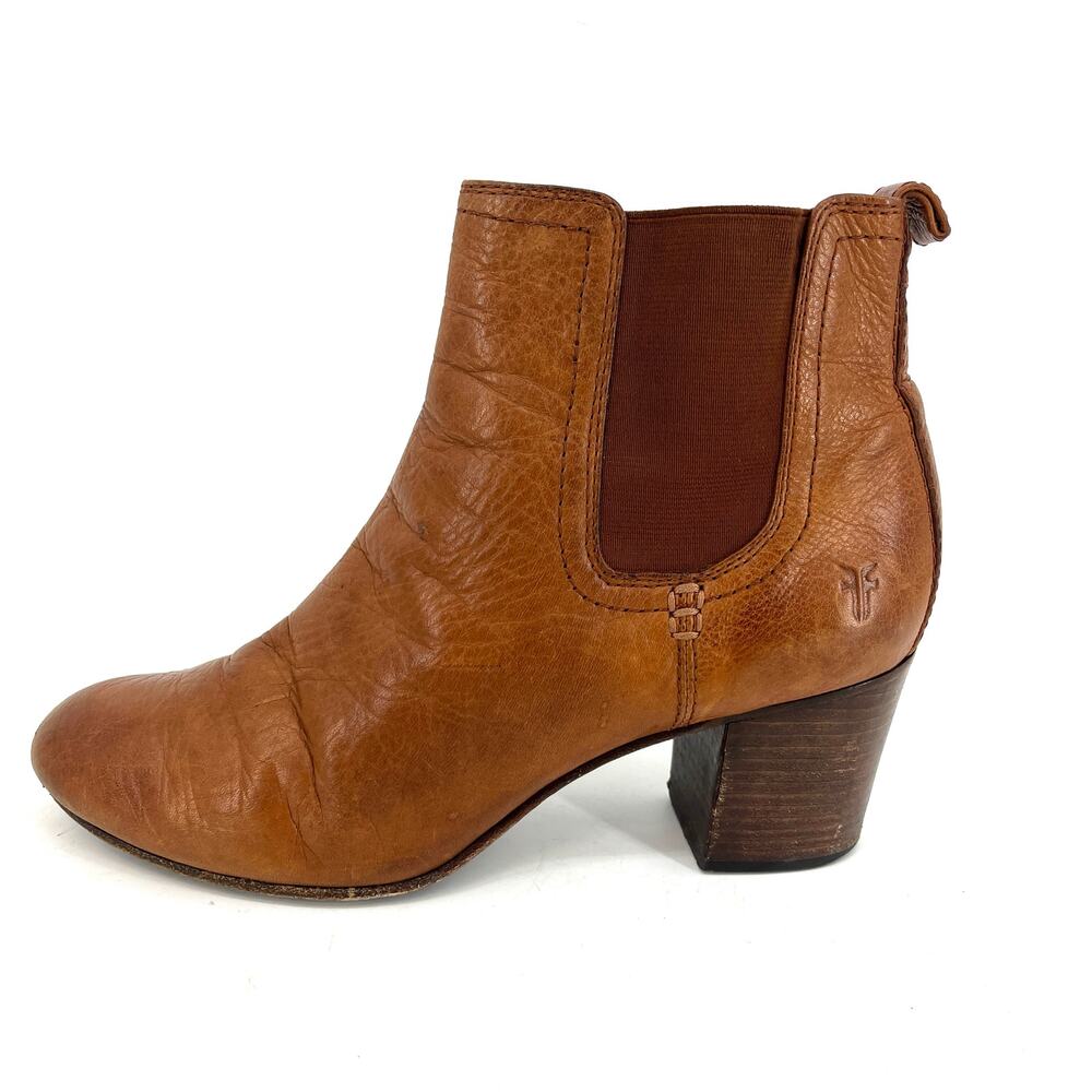 Frye Women's 8.5 Brown Leather Stella Chelsea Pull on Heeled Ankle Short Boot